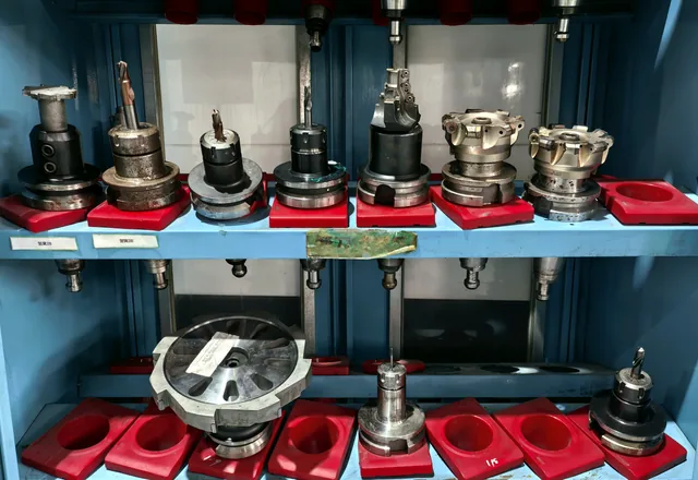 CNC machining tool holders and cutters organized in a production tooling cabinet
